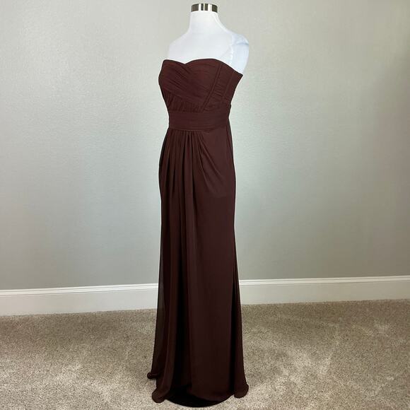 Monique Lhuillier Chiffon Strapless Long A-Line Evening Gown Brown Size 10 Dress - Picture 4 of 10